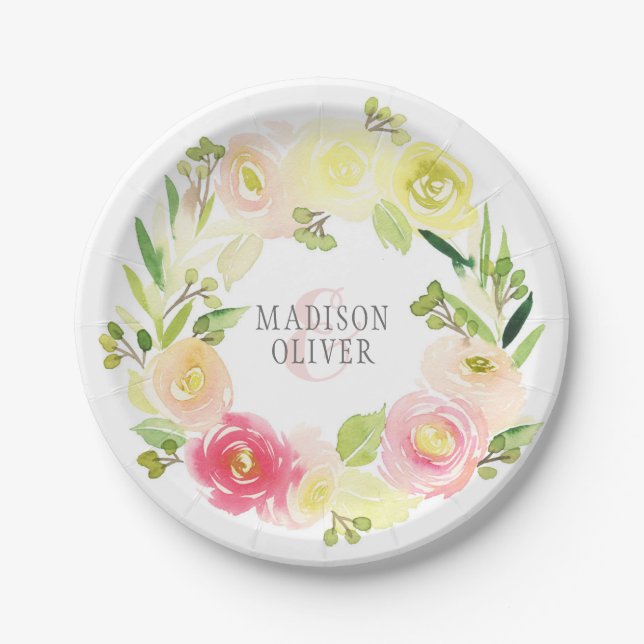 Rosa und gelbe Blütenfarbe | Hochzeit Pappteller (Vorderseite)
