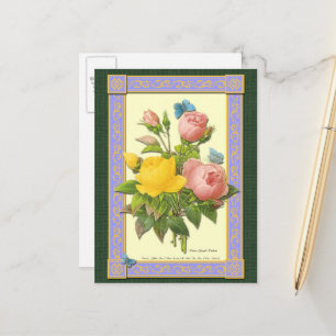 Rosa und gelbe botanische Rosen leere Postkarte