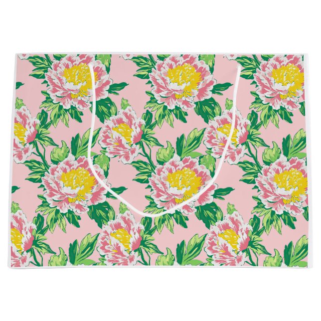Rosa und gelbe Chinoiserie Blumen Große Geschenktüte (Vorderseite)