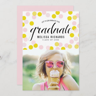 Rosa und gelbe Confetti Dots Foto Abschluss Einladung