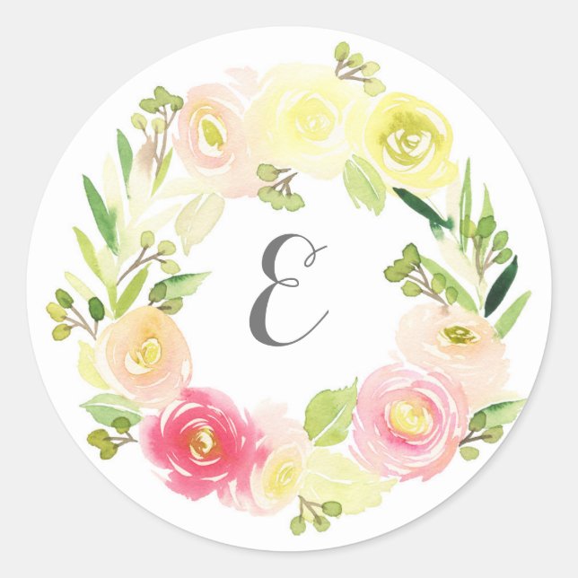 Rosa und gelbe Farbe Blumenkraut | Monogramm Runder Aufkleber (Vorderseite)