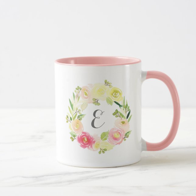 Rosa und gelbe Farbe Blumenkraut | Monogramm Tasse (Rechts)