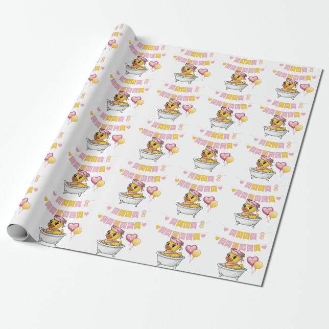Rosa und gelbe Gummi Duck Girl Babydusche Geschenkpapier (Ungerollt)