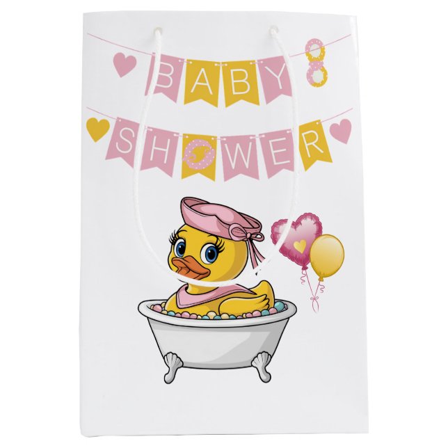 Rosa und gelbe Gummi Duck Girl Babydusche Mittlere Geschenktüte (Vorderseite)