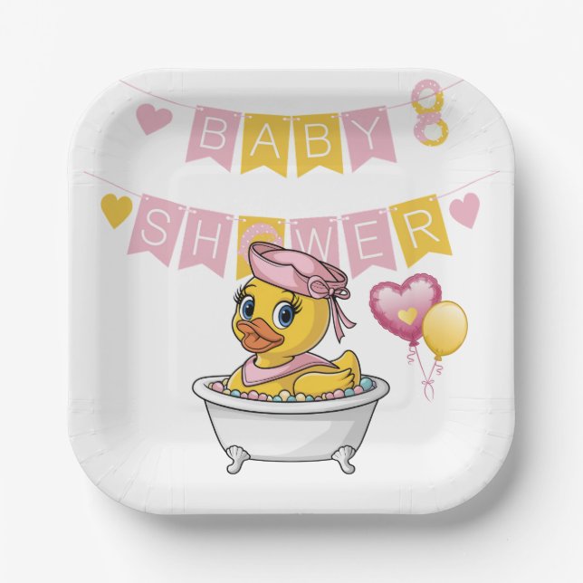 Rosa und gelbe Gummi Duck Girl Babydusche Pappteller (Vorderseite)