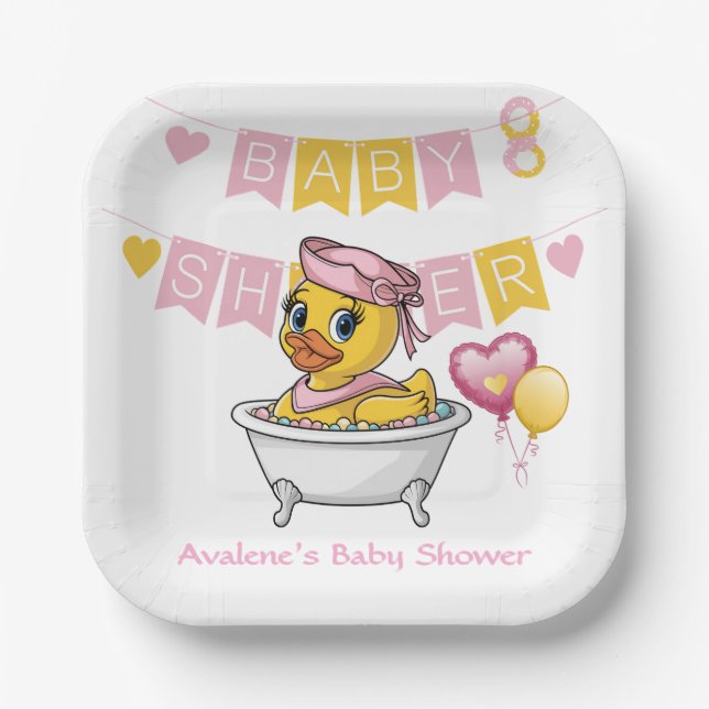Rosa und gelbe Gummi Duck Girl Babydusche Pappteller (Vorderseite)