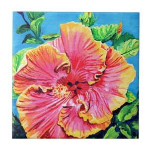 Rosa und gelbe Hawaiianische Hibisken Keramik Tile Fliese
