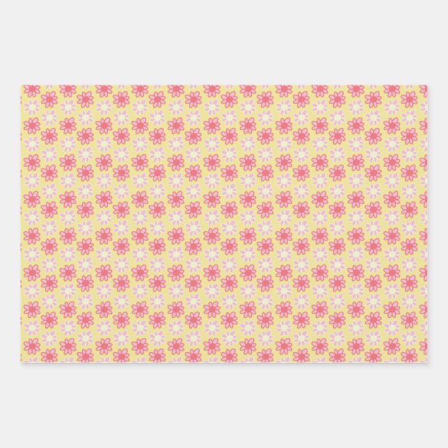 rosa und gelbe Retro-Blume Geschenkpapier Set (Vorderseite)