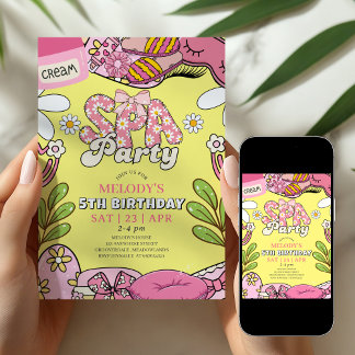 Rosa und gelbe Retro-Gästebuch-Party zum Geburtsta Einladung