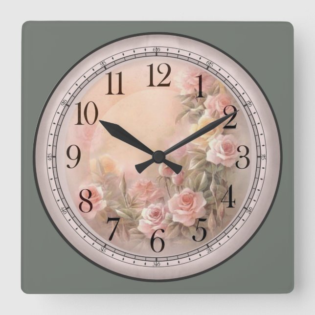 Rosa und Gelbe Rosen Kunst Quadratische Wanduhr (Vorderseite)