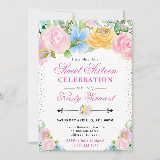 Rosa und gelbe Sommer-Blume 16 . Geburtstag Einladung (Vorderseite)