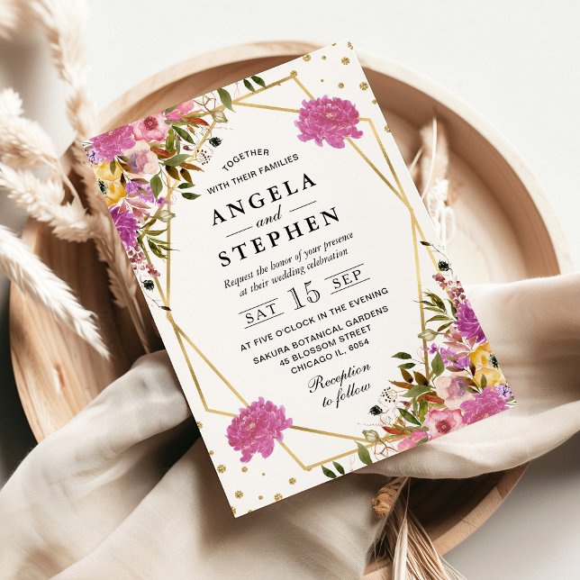 Rosa und gelbe Sommer-Blume Goldrahmen Hochzeit Einladung (Von Creator hochgeladen)