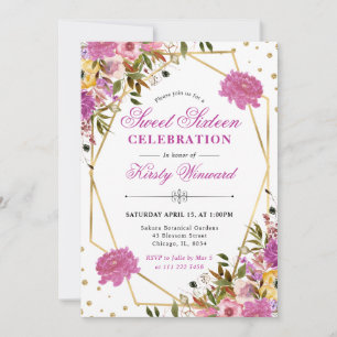Rosa und gelbe Sommerblumen Goldrahmen Sweet 16 Einladung