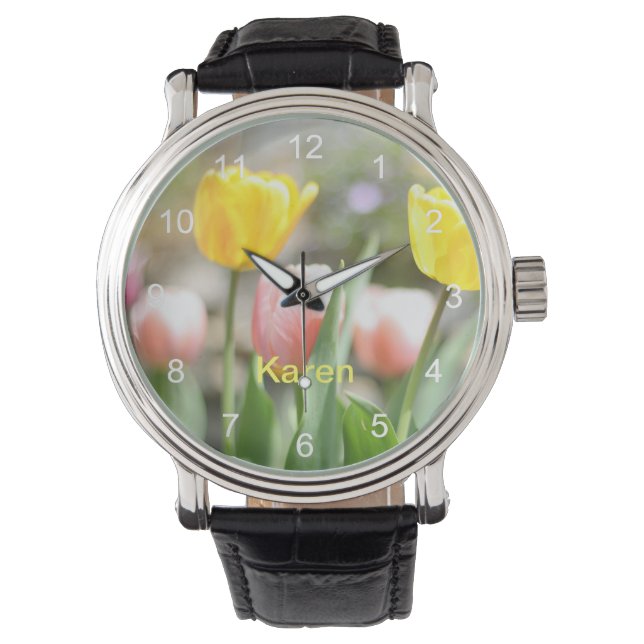 Rosa und gelbe Tulpen Armbanduhr (Vorderseite)