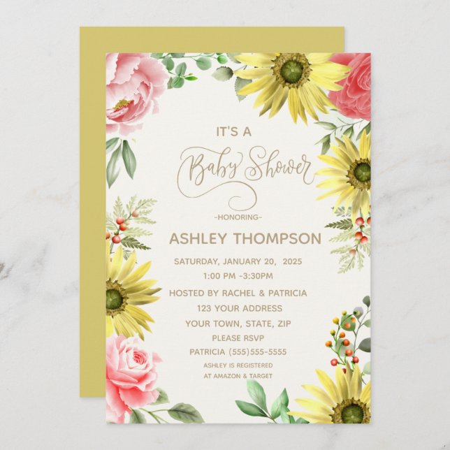 Rosa und gelbe Wasserfarben Blütendusche Einladung (Vorne/Hinten)