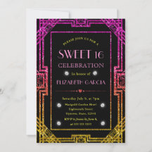 Rosa und gelber Glitzer Art Deco Rahmen Sweet 16