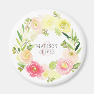 Rosa und gelber Wasserfarben-Blumenkranz Hochzei Magnet