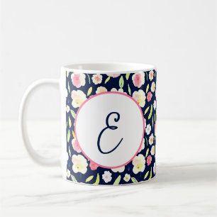 Rosa und gelbes Aquarell-Blumenmonogramm Kaffeetasse