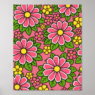 Rosa und gelbes Blumenmuster mit grünen Blättern Poster