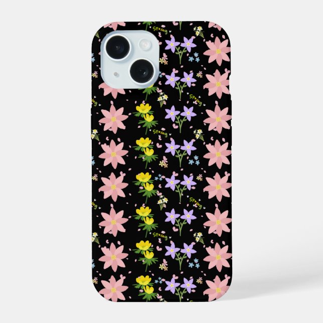 Rosa und gelbes Frühlingsblumenmuster auf Schwarz  iPhone 15 Hülle (Rückseite)