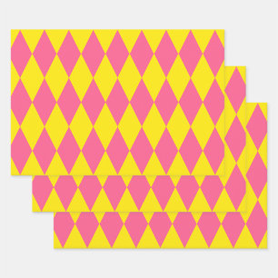 Rosa und gelbes Harlekin-Karomuster Geschenkpapier Set