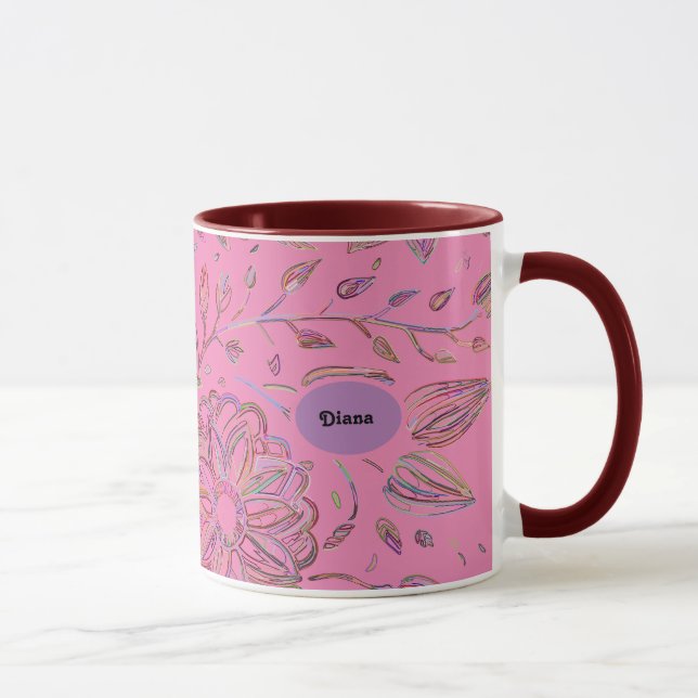 Rosa und gezeichnete Blume Tasse (Rechts)