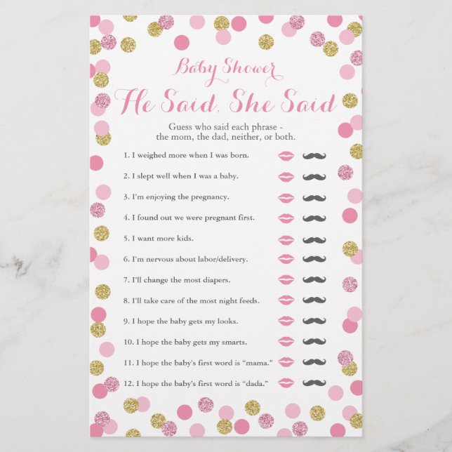 Rosa und Gold Baby Dusche sagte er sagte, sie spie (Vorderseite)