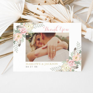 Rosa und Gold Blumen Boho Hochzeitsfoto Dankeskarte