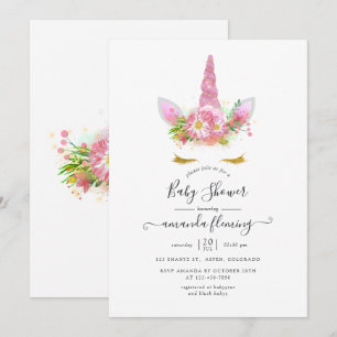 Rosa und Gold Blumen Einhorn Baby Shower Einladung
