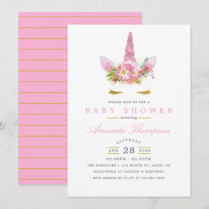 Rosa und Gold Blumen Einhorn Mädchen Baby Shower Einladung