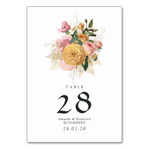 Rosa und Gold Blumenhochzeit Tischnummer