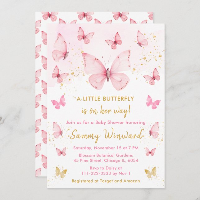 Rosa und Gold Butterfly Baby Dusche Einladung (Vorne/Hinten)