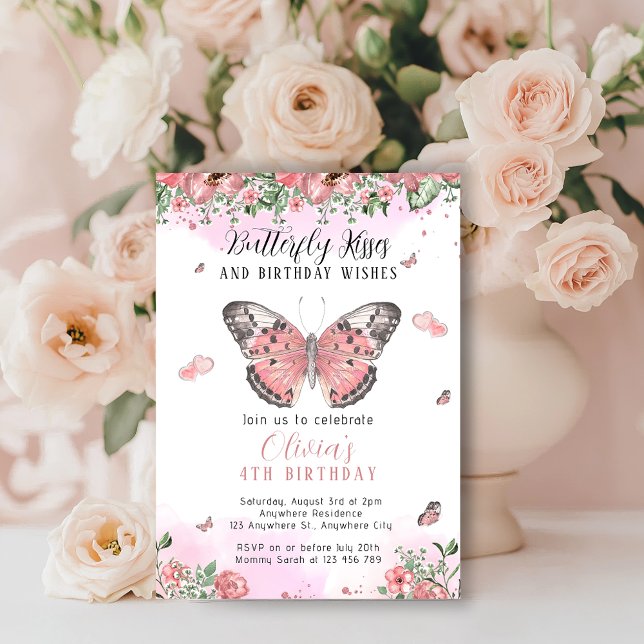 Rosa und Gold Butterfly Kisses Einladung (Floral Pink Butterfly Kisses Birthday Invitation)