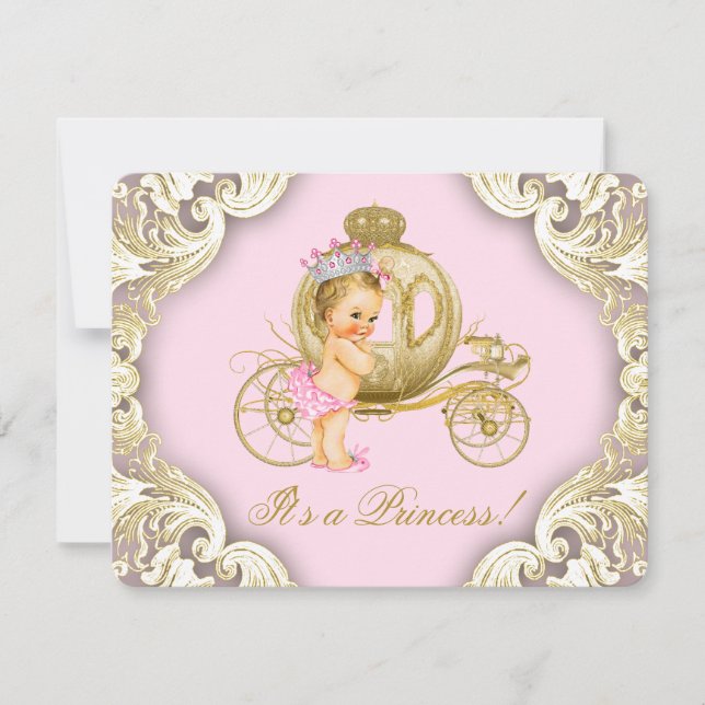 Rosa und Gold Carriage Girls Princess Baby Dusche Einladung (Vorderseite)
