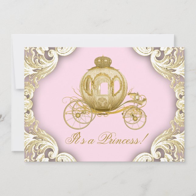 Rosa und Gold Carriage Royal Princess Baby Dusche Einladung (Vorderseite)