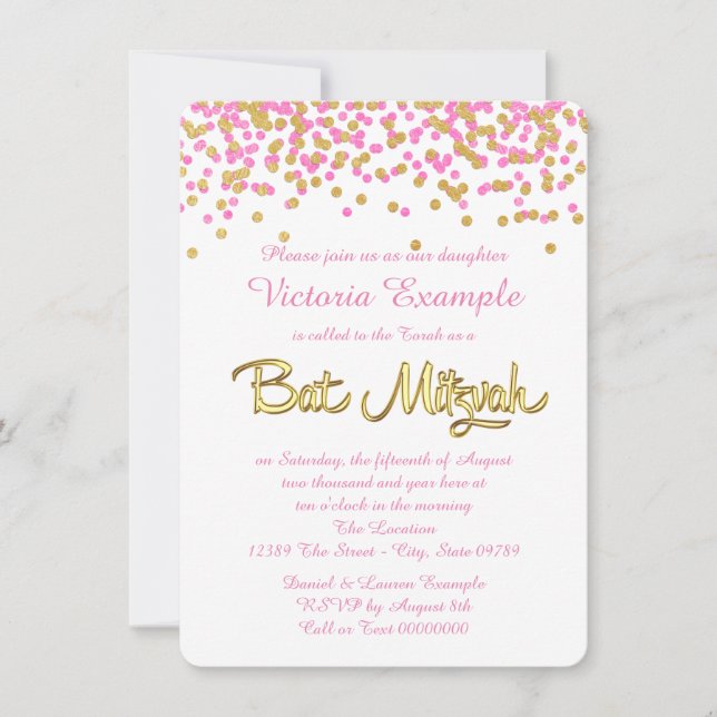 Rosa und Gold Confetti Bat Mitzvah Einladung (Vorderseite)