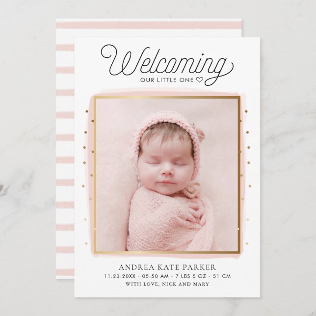 Rosa und Gold Confetti Foto Geburtsankündigung Ankündigung (Vorne/Hinten)