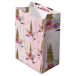 Rosa und Gold Einhorn Blumen-Horn Geburtstagsfeier Mittlere Geschenktüte