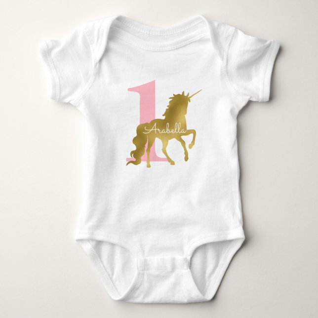 Rosa und Gold Einhorn Geburtstag Baby Strampler (Vorderseite)