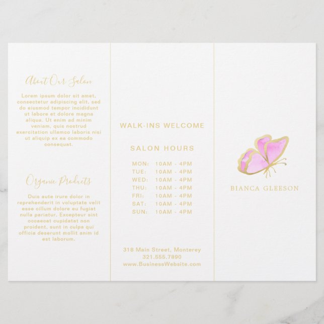 Rosa und Gold Elegante Butterfly Trifold Broschüre (Vorderseite)