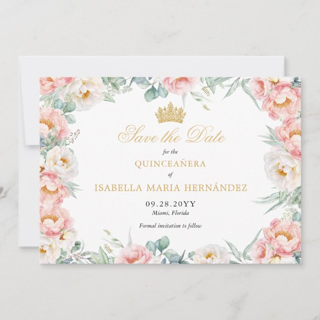Rosa und Gold Elegante Quinceñera Save The Date (Vorderseite)