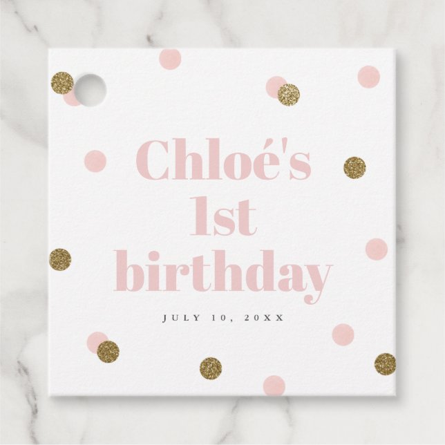 Rosa und Gold - erste Geburtstagsparty Geschenkanhänger (Vorderseite)