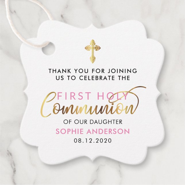 Rosa und Gold erste heilige Kommune Vielen Dank Geschenkanhänger (Vorderseite)