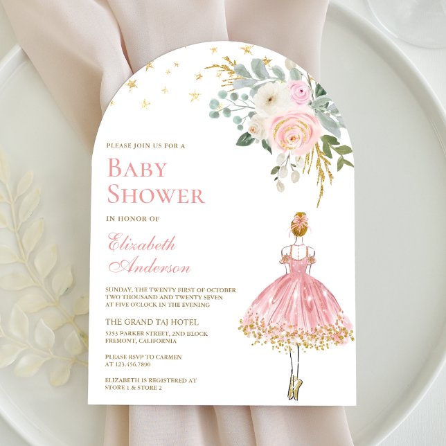 Rosa und Gold Floral Ballerina Arch Babydusche Einladung (Von Creator hochgeladen)