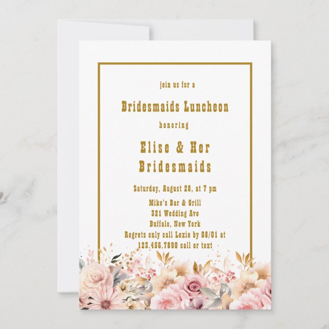 Rosa und Gold Floral Bridesmaids Luncheon Einladung (Vorderseite)