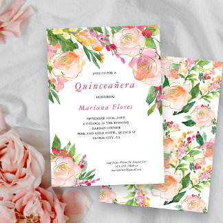 Rosa und Gold Floral Chic Quinceanera Einladung
