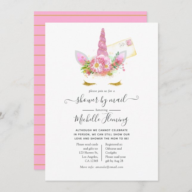 Rosa und Gold Floral Unicorn Kinderdusche per Mail Einladung (Vorne/Hinten)