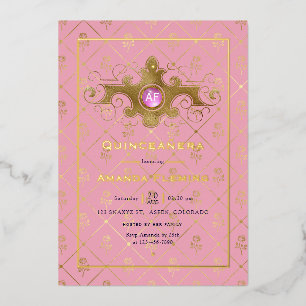 Rosa und Gold Gemstone-Quinceñera-Monogramm Folieneinladung