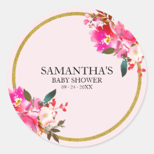 Rosa und Gold Glitter Elegante Florale Wasserfarbe Runder Aufkleber