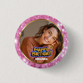 Rosa und Gold Glitter-Foto-Name 16. Geburtstag Button